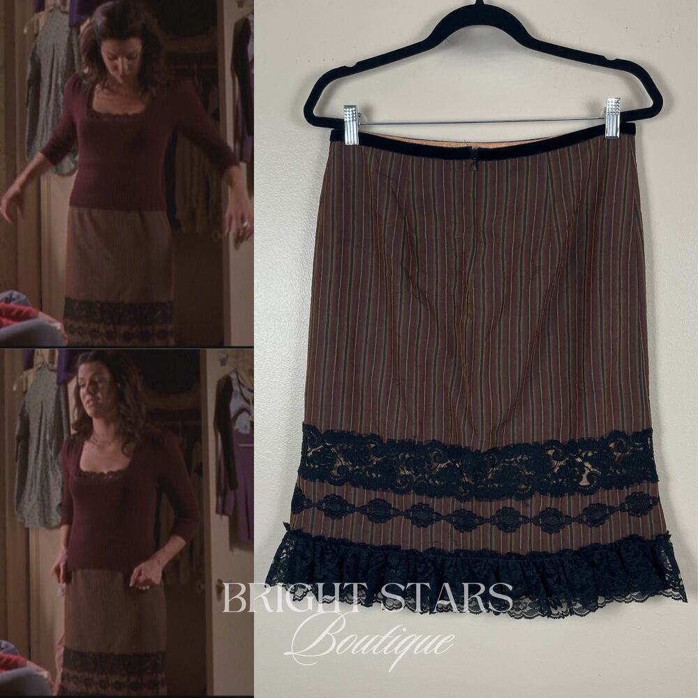 Rare Brown Stripe Lace Trim Pencil Skirt ASO Lorelai Gilmore Girls Vintage Y2K - Picture 3 of 9